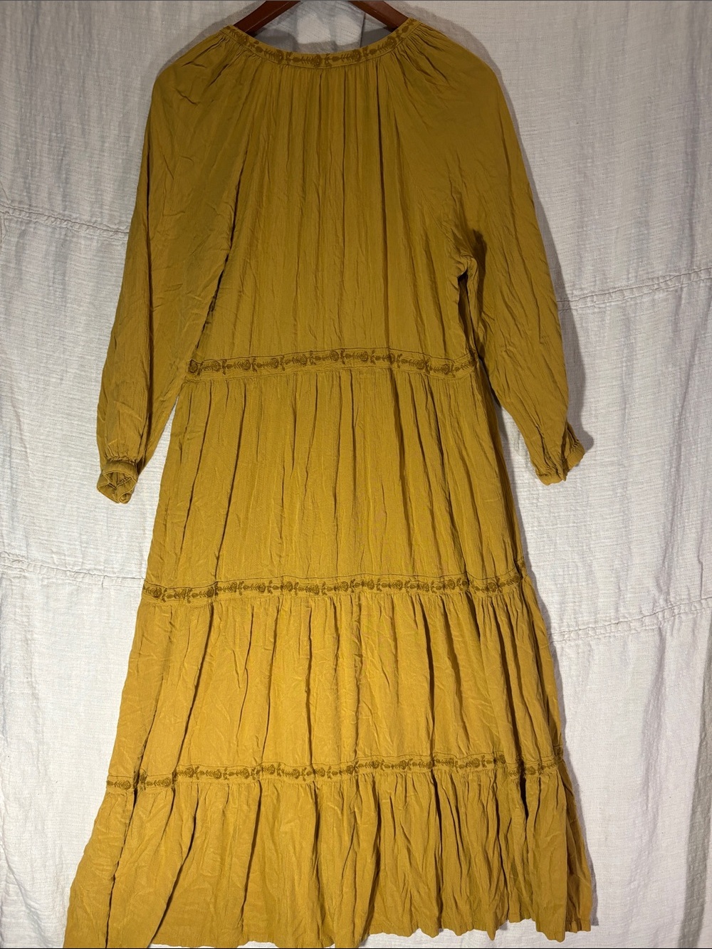 Old Navy Mustard Yellow Embroidered Tiered Maxi Dress Boho Peasant Fall L EUC - Picture 6 of 6